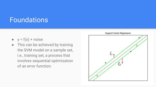 Foundations
● y = f(x) + noise
● This can be achieved by training
the SVM model on a sample set,
i.e., training set, a process that
involves sequential optimization
of an error function.
 