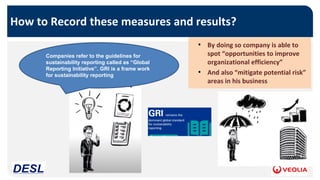 How to Record these measures and results?
• By doing so company is able to
spot “opportunities to improve
organizational efficiency”
• And also “mitigate potential risk”
areas in his business
Companies refer to the guidelines for
sustainability reporting called as “Global
Reporting Initiative”. GRI is a frame work
for sustainability reporting
 