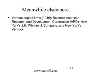 www.scaruffi.com
25
Meanwhile elsewhere…
• Venture capital firms (1946): Boston's American
Research and Development Corporation (ARD); New
York's J.H. Whitney & Company; and New York's
Venrock
 