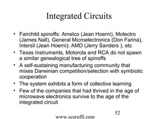 www.scaruffi.com
52
Integrated Circuits
• Fairchild spinoffs: Amelco (Jean Hoerni), Molectro
(James Nall), General Microelectronics (Don Farina),
Intersil (Jean Hoerni); AMD (Jerry Sanders ), etc
• Texas Instruments, Motorola and RCA do not spawn
a similar genealogical tree of spinoffs
• A self-sustaining manufacturing community that
mixes Darwinian competition/selection with symbiotic
cooperation
• The system exhibits a form of collective learning
• Few of the companies that had thrived in the age of
microwave electronics survive to the age of the
integrated circuit
 