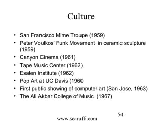 www.scaruffi.com
54
Culture
• San Francisco Mime Troupe (1959)
• Peter Voulkos’ Funk Movement in ceramic sculpture
(1959)
• Canyon Cinema (1961)
• Tape Music Center (1962)
• Esalen Institute (1962)
• Pop Art at UC Davis (1960
• First public showing of computer art (San Jose, 1963)
• The Ali Akbar College of Music (1967)
 