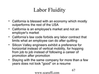 www.scaruffi.com
67
Labor Fluidity
• California is blessed with an economy which mostly
outperforms the rest of the USA
• California is an employee's market and not an
employer's market
• California’s law code forbids any labor contract that
limits what an employee can do after quitting
• Silicon Valley engineers exhibit a preference for
horizontal instead of vertical mobility, for hopping
from job to job instead of following a career of
promotion after promotion
• Staying with the same company for more than a few
years does not look "good" on a resume
 