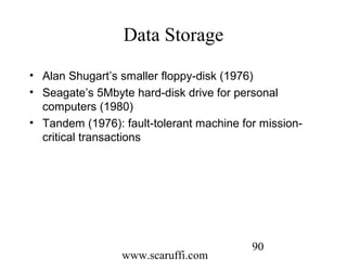 www.scaruffi.com
90
Data Storage
• Alan Shugart’s smaller floppy-disk (1976)
• Seagate’s 5Mbyte hard-disk drive for personal
computers (1980)
• Tandem (1976): fault-tolerant machine for mission-
critical transactions
 