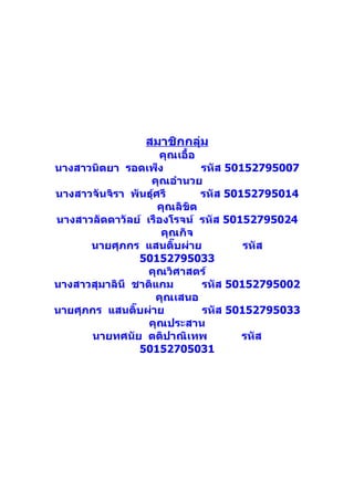 สมาชิกกลุ่ม
                     คุณเอื้อ
นางสาวนิตยา รอดเพ็ง           รหัส 50152795007
                  คุณอำานวย
นางสาวจันจิรา พันธุ์ศรี       รหัส 50152795014
                     คุณลิขิต
นางสาวลัดดาวัลย์ เรืองโรจน์ รหัส 50152795024
                      คุณกิจ
      นายศุภกร แสนติ๊บผ่าย            รหัส
                50152795033
                  คุณวิศาสตร์
นางสาวสุมาลินี ชาติแกม        รหัส 50152795002
                    คุณเสนอ
นายศุภกร แสนติ๊บผ่าย          รหัส 50152795033
                  คุณประสาน
      นายทศนัย ตติปาณิเทพ             รหัส
                50152705031
 