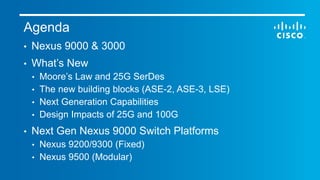 © 2016 Cisco and/or its affiliates. All rights reserved. Cisco Confidential 2
Agenda
• Nexus 9000 & 3000
• What’s New
• Moore’s Law and 25G SerDes
• The new building blocks (ASE-2, ASE-3, LSE)
• Next Generation Capabilities
• Design Impacts of 25G and 100G
• Next Gen Nexus 9000 Switch Platforms
• Nexus 9200/9300 (Fixed)
• Nexus 9500 (Modular)
 