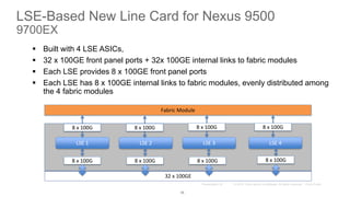 LSE-Based New Line Card for Nexus 9500
9700EX
86
Fabric Module
LSE 1 LSE 2 LSE 3 LSE 4
8 x 100G 8 x 100G 8 x 100G 8 x 100G
8 x 100G 8 x 100G 8 x 100G 8 x 100G
32 x 100GE
 Built with 4 LSE ASICs,
 32 x 100GE front panel ports + 32x 100GE internal links to fabric modules
 Each LSE provides 8 x 100GE front panel ports
 Each LSE has 8 x 100GE internal links to fabric modules, evenly distributed among
the 4 fabric modules
 