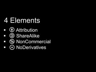  Attribution
 ShareAlike
 NonCommercial
 NoDerivatives
4 Elements
 