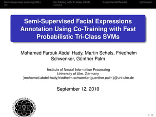 Semi-Supervised Learning(SSL) Co-Training with Tri-Class SVMs Experimental Results Conclusion
Semi-Supervised Facial Expressions
Annotation Using Co-Training with Fast
Probabilistic Tri-Class SVMs
Mohamed Farouk Abdel Hady, Martin Schels, Friedhelm
Schwenker, Günther Palm
Institute of Neural Information Processing
University of Ulm, Germany
{mohamed.abdel-hady|friedhelm.schwenker|guenther.palm}@uni-ulm.de
September 12, 2010
1 / 15
 