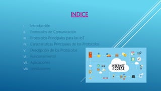 I. Introducción
II. Protocolos de Comunicación
III. Protocolos Principales para las IoT
IV. Características Principales de los Protocolos
V. Descripción de los Protocolos
VI. Funcionamiento
VII. Aplicaciones
VIII. conclusiones
 