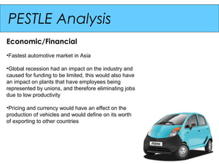 PESTLE Analysis
Economic/Financial
•Fastest automotive market in Asia

•Global recession had an impact on the industry and
caused for funding to be limited, this would also have
an impact on plants that have employees being
represented by unions, and therefore eliminating jobs
due to low productivity

•Pricing and currency would have an effect on the
production of vehicles and would define on its worth
of exporting to other countries
 