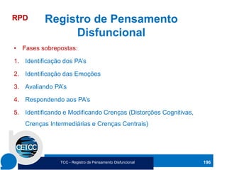 • Fases sobrepostas:
1. Identificação dos PA’s
2. Identificação das Emoções
3. Avaliando PA’s
4. Respondendo aos PA’s
5. Identificando e Modificando Crenças (Distorções Cognitivas,
Crenças Intermediárias e Crenças Centrais)
196
Registro de Pensamento
Disfuncional
RPD
TCC - Registro de Pensamento Disfuncional
 