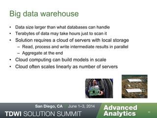 Big data warehouse
• Data size larger than what databases can handle
• Terabytes of data may take hours just to scan it
• Solution requires a cloud of servers with local storage
– Read, process and write intermediate results in parallel
– Aggregate at the end
• Cloud computing can build models in scale
• Cloud often scales linearly as number of servers
11
 