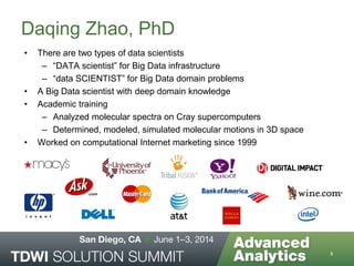 Daqing Zhao, PhD
• There are two types of data scientists
– “DATA scientist” for Big Data infrastructure
– “data SCIENTIST” for Big Data domain problems
• A Big Data scientist with deep domain knowledge
• Academic training
– Analyzed molecular spectra on Cray supercomputers
– Determined, modeled, simulated molecular motions in 3D space
• Worked on computational Internet marketing since 1999
3
 