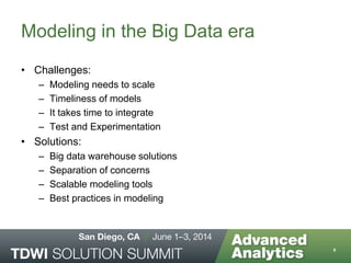 Modeling in the Big Data era
• Challenges:
– Modeling needs to scale
– Timeliness of models
– It takes time to integrate
– Test and Experimentation
• Solutions:
– Big data warehouse solutions
– Separation of concerns
– Scalable modeling tools
– Best practices in modeling
6
 