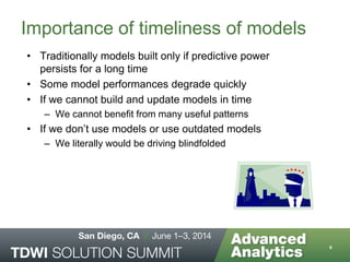 Importance of timeliness of models
• Traditionally models built only if predictive power
persists for a long time
• Some model performances degrade quickly
• If we cannot build and update models in time
– We cannot benefit from many useful patterns
• If we don’t use models or use outdated models
– We literally would be driving blindfolded
8
 