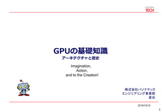 GPUの基礎知識
アーキテクチャと歴史
2016/12/15
株式会社パソナテック
エンジニアリング事業部
夏谷
1
Imagination,
Action,
and to the Creation!
 