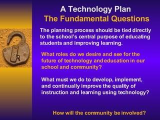 A Technology Plan   The Fundamental Questions The planning process should be tied directly to the school’s central purpose of educating students and improving learning. What roles do we desire and see for the future of technology and education in our school and community?  How will the community be involved?   What must we do to develop, implement, and continually improve the quality of instruction and learning using technology?   