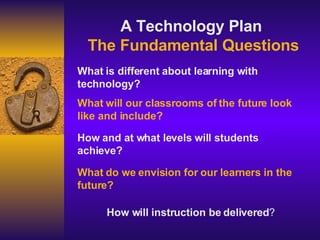 A Technology Plan  The Fundamental Questions What will our classrooms of the future look like and include?  How will instruction be delivered ?  How and at what levels will students achieve?   What do we envision for our learners in the future? What is different about learning with technology?  