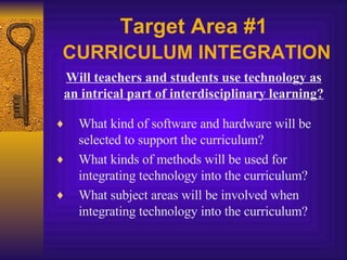 Target Area #1   CURRICULUM INTEGRATION What kind of software and hardware will be selected to support the curriculum?  What kinds of methods will be used for integrating technology into the curriculum? What subject areas will be involved when integrating technology into the curriculum? Will teachers and students use technology as an intrical part of interdisciplinary learning? 