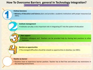 How To Overcome Barriers general In Technology Integration?
Political decisions
•Ministry of Education and Science plans and provides s academic institutions with proper resources (Lai
2001).
Institute management
•institutes can play a very important role in integrating ICT into the system of education
Peer support
•Reliable colleagues and Teachers can be provided help by sharing best practices to other
institutes..
Barriers as opportunities
•The emerged difficulties should be viewed as opportunities to develop. (Lai 2001).
Teacher as learner
•Teachers have to experience learner position. Teacher has to feel free and without any restrictions in
the teaching environment.
 