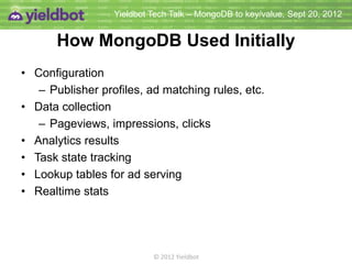 Yieldbot Tech Talk – MongoDB to key/value, Sept 20, 2012


       How MongoDB Used Initially
• Configuration
   – Publisher profiles, ad matching rules, etc.
• Data collection
   – Pageviews, impressions, clicks
• Analytics results
• Task state tracking
• Lookup tables for ad serving
• Real-time ad stats




                           © 2012 Yieldbot
 