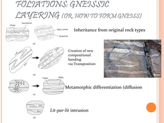 FOLIATIONS: GNEISSIC
LAYERING (OR, HOW TO FORM GNEISS)
Inheritance from original rock types
Creation of new
compositional
banding
via Transposition
Metamorphic differentiation (diffusion
Lit-par-lit intrusion
 