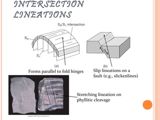 INTERSECTION
LINEATIONS
Forms parallel to fold hinges Slip lineations on a
fault (e.g., slickenlines)
Stretching lineation on
phyllitic cleavage
 