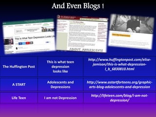 And Even Blogs !
The Huffington Post
This is what teen
depression
looks like
http://www.huffingtonpost.com/elise-
jamison/this-is-what-depression-
l_b_6830810.html
A START
Adolescents and
Depressions
http://www.astartforteens.org/graphic-
arts-blog-adolescents-and-depression
Life Teen I am not Depression
http://lifeteen.com/blog/i-am-not-
depression/
 