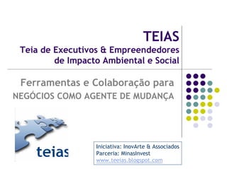 TEIAS
 Teia de Executivos & Empreendedores
         de Impacto Ambiental e Social

 Ferramentas e Colaboração para
NEGÓCIOS COMO AGENTE DE MUDANÇA




                  Iniciativa: InovArte & Associados
                  Parceria: MinasInvest
                  www.teeias.blogspot.com