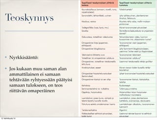 Teoskynnys

✤

Nyrkkisääntö:

✤

Jos kukaan muu saman alan
ammattilainen ei samaan
tehtävään ryhtyessään päätyisi
samaan tulokseen, on teos
riittävän omaperäinen

6. helmikuuta 14

 