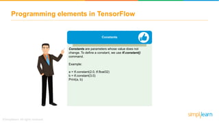 Programming elements in TensorFlow
Constants
Constants are parameters whose value does not
change. To define a constant, we use tf.constant()
command.
Example:
a = tf.constant(2.0, tf.float32)
b = tf.constant(3.0)
Print(a, b)
 