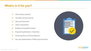 What’s in it for you?
What is Deep Learning?
What is TensorFlow?
Top Deep Learning Libraries
Why use TensorFlow?
Building a Computational Graph
Programming Elements in TensorFlow
Introducing Recurrent Neural Networks
Use case implementation of RNN using TensorFlow
 