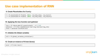 Use case implementation of RNN
9. Create Placeholders for X and y
10. Applying the loss function and optimizer
11. Initialize the Global variables
12. Create an instance of tf.train.Saver()
 