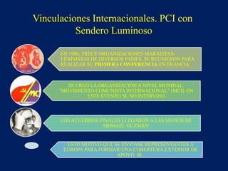 EN 1980, TRECE ORGANIZACIONES MARXISTAS-
LENINISTAS DE DIVERSOS PAÍSES, SE REUNIERON PARA
REALIZAR SU PRIMERA CONFERENCIA EN FRANCIA.
SE CREÓ LA ORGANIZACIÓN A NIVEL MUNDIAL:
"MOVIMIENTO COMUNISTA INTERNACIONAL" (MCI). EN
ESTE EVENTO SL NO INTERVINO
LOS ACUERDOS FINALES LLEGARON A LAS MANOS DE
ABIMAEL GUZMÁN.
ESTO MOTIVÓ QUE SE ENVIASE REPRESENTANTES A
EUROPA PARA FORMAR UNA COBERTURA EXTERIOR DE
APOYO SL.
Vinculaciones Internacionales. PCI con
Sendero Luminoso
 