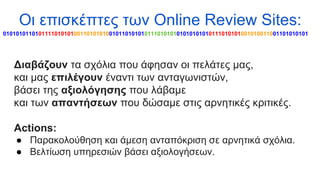 Οι επισκέπτες των Online Review Sites:
01010101101011110101010011010101001011010101011101010101010101010111010101001010011001101010101

Διαβάζουν τα σχόλια που άφησαν οι πελάτες μας,
και μας επιλέγουν έναντι των ανταγωνιστών,
βάσει της αξιολόγησης που λάβαμε
και των απαντήσεων που δώσαμε στις αρνητικές κριτικές.
Actions:
● Παρακολούθηση και άμεση ανταπόκριση σε αρνητικά σχόλια.
● Βελτίωση υπηρεσιών βάσει αξιολογήσεων.

 