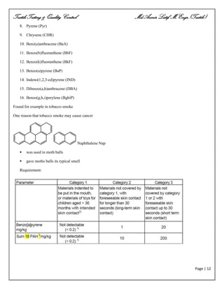 Textile Testing & Quality Control Md.Azmir Latif, M.Engr.(Textile)
Page | 12
8. Pyrene (Pyr)
9. Chrysene (CHR)
10. Benz(a)anthracene (BaA)
11. Benzo(b)fluoranthene (BbF)
12. Benzo(k)fluoranthene (BkF)
13. Benzo(a)pyrene (BaP)
14. Indeno(1,2,3-cd)pyrene (IND)
15. Dibenzo(a,h)anthracene (DBA)
16. Benzo(g,h,i)perylene (BghiP)
Found for example in tobacco smoke
One reason that tobacco smoke may cause cancer
Naphthalene Nap
 was used in moth balls
 gave moths balls its typical smell
Requirement:
 