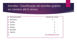 Estrofes- Classificação de estrofes quanto
ao número até 6 versos
 Nome da estrofe Número de versos
 Monóstico 1
 Parelha 2
 Terceto 3
 Quadra 4
 Quintilha 5
 Sextilha 6
 Eva-SlidesDoCustume
 