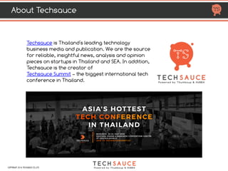 HTTP://TECHSAUCE.CO
MOST ACTIVE VCs IN THAILAND
2011 2012 2013 2014 2015 2016 2017 Total
deal Portfolio companies
Beenos
Partner
1 1 Zilingo (A)
Blue Sky 1 1 aCommerce (A3)
Cherubic
Ventures
1 1 Playbasis (S3 &A)
Crystal Horse
Investments
1 1 Hipflat (S)
CyberAgent
Ventures
2 1 2 2 7 aCommerce (S &A), Priceza (A), StockRadars (S),
Medical Departures (A), ClaimDi (A), getlinks(S)
DeNA 1 1 Blisby (S)
Digital Media
Partners (DMP)
1 1 1 1 4 2C2P (A) WearYouWant (A) & (B), Medical Departures (A)
Digital Garage 1 1 Zilingo (A)
dtac
1 4 6 11 22 Fast in flow(pre-S),Piggipo(S),StoryLog(pre-S),DriveBot(pre-
S),ClaimDi,(A),Skootar(pre-S),TakeMeTour(pre-S),SuperRFQ(pre-
S),GizTix(pre-S),TechFarm(pre-S),ZmyHome(pre-S), Finnomena(pre-
S), WearandShare(pre-S), Fabbrigade(pre-S), Savinsure(pre-S),
Freshket(pre-S), Fastwork(pre-S), CloudCommerce(pre-S), Health at
Home(pre-S), Visionear(pre-S), PlanforFit(pre-S), Eventpass(pre-S)
Dusit Thani 1 1 FavStay(A)
Expara
Ventures
1 1 Stylhunt (S)
Fenox Venture
Capital
1 1 2 Pomelo (S1 & S2)
Galaxy
Ventures
1 1 Page 365 (S)
GMO Partners 1 1 2 2C2P (B&C)
COPYRIGHT 2017 TECHSAUCE CO.,LTD
 