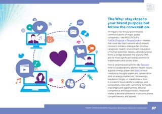 57
The Why: stay close to
your brand purpose but
follow the conversation.
An inquiry into the purpose-related
communications of major global
companies – like MSLGROUP’s
PurPle (Purpose + People) Index – reveals
that most key topics around which brands
choose to initiate a dialogue fall into four
categories: health, environment, education
or human potential. Ideally, a brand purpose
forms a bridge between the brand’s DNA
and its most significant overall promise to
stakeholders and society alike.
Hence, pharmaceutical firms like Janssen
tend to collaboratively address health issues,
a global energy player like Shell is most
credible as thought leader and conversation
host on energy matters etc. Increasingly,
reputation hinges on stakeholders’ trust
in a brand’s future ability to address, and
successfully cope with, upcoming demands,
challenges and opportunities. Beyond
competence and responsibility, this belief
makes a decisive difference in securing brand
competitiveness and appeal.
TODAY’S STAKEHOLDERS | Reputation Building by Influencer Collaboration
 