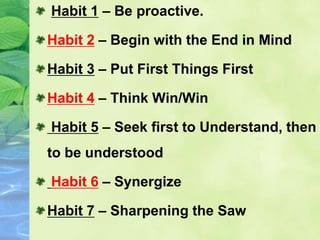 Habit 1 – Be proactive.
Habit 2 – Begin with the End in Mind
Habit 3 – Put First Things First
Habit 4 – Think Win/Win
Habit 5 – Seek first to Understand, then
to be understood
Habit 6 – Synergize
Habit 7 – Sharpening the Saw
 