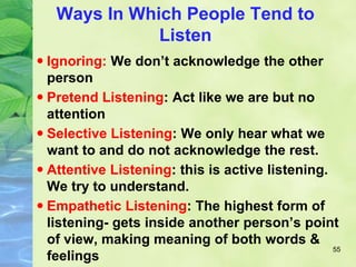 Ways In Which People Tend to
Listen
55
 Ignoring: We don’t acknowledge the other
person
 Pretend Listening: Act like we are but no
attention
 Selective Listening: We only hear what we
want to and do not acknowledge the rest.
 Attentive Listening: this is active listening.
We try to understand.
 Empathetic Listening: The highest form of
listening- gets inside another person’s point
of view, making meaning of both words &
feelings
 