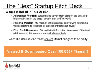 The “Best” Startup Pitch Deck 
What’s Included In This Deck?: 
 Aggregated Wisdom: Wisdom and advice from some of the best and 
brightest brains in the angel, accelerator, and VC world 
 Personal Wisdom: My years of venture capital in reviewing pitches as 
well as pitching to investors as a serial entrepreneur myself 
 Pitch Deck Resources: Consolidated information from some of the best 
pitch decks by top entrepreneurs all into one deck! 
Note: This deck has the “best” content, it’s not designed to be pretty! 
2 
Viewed & Downloaded Over 100,000+ Times!!! 
 