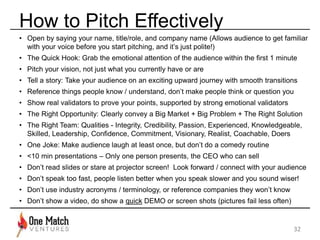 • Open by saying your name, title/role, and company name (Allows audience to get familiar 
with your voice before you start pitching, and it’s just polite!) 
• The Quick Hook: Grab the emotional attention of the audience within the first 1 minute 
• Pitch your vision, not just what you currently have or are 
• Tell a story: Take your audience on an exciting upward journey with smooth transitions 
• Reference things people know / understand, don’t make people think or question you 
• Show real validators to prove your points, supported by strong emotional validators 
• The Right Opportunity: Clearly convey a Big Market + Big Problem + The Right Solution 
• The Right Team: Qualities - Integrity, Credibility, Passion, Experienced, Knowledgeable, 
Skilled, Leadership, Confidence, Commitment, Visionary, Realist, Coachable, Doers 
• One Joke: Make audience laugh at least once, but don’t do a comedy routine 
• <10 min presentations – Only one person presents, the CEO who can sell 
• Don’t read slides or stare at projector screen! Look forward / connect with your audience 
• Don’t speak too fast, people listen better when you speak slower and you sound wiser! 
• Don’t use industry acronyms / terminology, or reference companies they won’t know 
• Don’t show a video, do show a quick DEMO or screen shots (pictures fail less often) 
32 
How to Pitch Effectively 
 