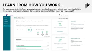 LEARN FROM HOW YOU WORK…
By leveraging insights from MyAnalytics you can also learn more about your meeting habits.
How many calendar invitations do you send last minute? How many do you accept?
 