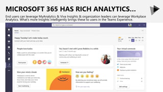 MICROSOFT 365 HAS RICH ANALYTICS…
End users can leverage MyAnalytics & Viva Insights & organization leaders can leverage Workplace
Analytics. What’s more Insights intelligently brings these to users in the Teams Experience.
 