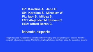 CZ: Karolína A. Jana H.
SK: Karolína S. Miroslav W.
PL: Igor S. Miłosz S.
ES1:Alejandro M. Steven C.
ES2: Alfred Bertin C.
Insects experts
The photos used in presentation were taken from ‘Pixabay’ and ‘Google Images’. We use them for
non-profit educational purpose. Thanks to using the photos we can learn about the subject we explore.
 