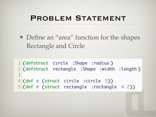 Problem Statement
Deﬁne an “area” function for the shapes
Rectangle and Circle
 