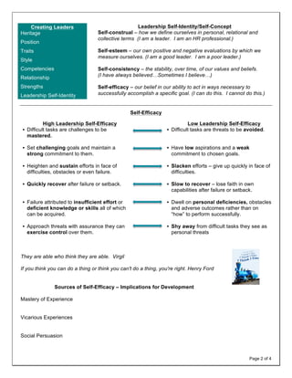Creating Leaders                                Leadership Self-Identity/Self-Concept
Heritage                          Self-construal – how we define ourselves in personal, relational and
                                  collective terms (I am a leader. I am an HR professional.)
Position
Traits                            Self-esteem – our own positive and negative evaluations by which we
                                  measure ourselves. (I am a good leader. I am a poor leader.)
Style
Competencies                      Self-consistency – the stability, over time, of our values and beliefs.
                                  (I have always believed…Sometimes I believe…)
Relationship
Strengths                         Self-efficacy – our belief in our ability to act in ways necessary to
Leadership Self-Identity          successfully accomplish a specific goal. (I can do this. I cannot do this.)


                                                 Self-Efficacy

          High Leadership Self-Efficacy                                    Low Leadership Self-Efficacy
• Difficult tasks are challenges to be                           • Difficult tasks are threats to be avoided.
  mastered.

• Set challenging goals and maintain a                           • Have low aspirations and a weak
  strong commitment to them.                                       commitment to chosen goals.

• Heighten and sustain efforts in face of                        • Slacken efforts – give up quickly in face of
  difficulties, obstacles or even failure.                         difficulties.

• Quickly recover after failure or setback.                      • Slow to recover – lose faith in own
                                                                   capabilities after failure or setback.

• Failure attributed to insufficient effort or                   • Dwell on personal deficiencies, obstacles
  deficient knowledge or skills all of which                       and adverse outcomes rather than on
  can be acquired.                                                 “how” to perform successfully.

• Approach threats with assurance they can                       • Shy away from difficult tasks they see as
  exercise control over them.                                      personal threats



They are able who think they are able. Virgil

If you think you can do a thing or think you can't do a thing, you're right. Henry Ford


               Sources of Self-Efficacy – Implications for Development

Mastery of Experience


Vicarious Experiences


Social Persuasion



                                                                                                      Page 2 of 4
 