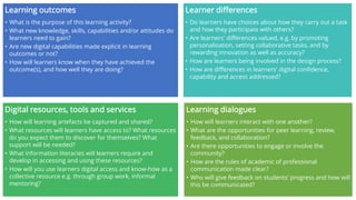 Learning outcomes
• What is the purpose of this learning activity?
• What new knowledge, skills, capabilities and/or attitudes do
learners need to gain?
• Are new digital capabilities made explicit in learning
outcomes or not?
• How will learners know when they have achieved the
outcome(s), and how well they are doing?
Learner differences
• Do learners have choices about how they carry out a task
and how they participate with others?
• Are learners' differences valued, e.g. by promoting
personalisation, setting collaborative tasks, and by
rewarding innovation as well as accuracy?
• How are learners being involved in the design process?
• How are differences in learners' digital confidence,
capability and access addressed?
Digital resources, tools and services
• How will learning artefacts be captured and shared?
• What resources will learners have access to? What resources
do you expect them to discover for themselves? What
support will be needed?
• What information literacies will learners require and
develop in accessing and using these resources?
• How will you use learners digital access and know-how as a
collective resource e.g. through group work, informal
mentoring?
Learning dialogues
• How will learners interact with one another?
• What are the opportunities for peer learning, review,
feedback, and collaboration?
• Are there opportunities to engage or involve the
community?
• How are the rules of academic of professional
communication made clear?
• Who will give feedback on students’ progress and how will
this be communicated?
 