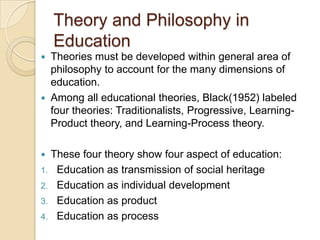 Theory and Philosophy in
Education
 Theories must be developed within general area of
philosophy to account for the many dimensions of
education.
 Among all educational theories, Black(1952) labeled
four theories: Traditionalists, Progressive, Learning-
Product theory, and Learning-Process theory.
 These four theory show four aspect of education:
1. Education as transmission of social heritage
2. Education as individual development
3. Education as product
4. Education as process
 